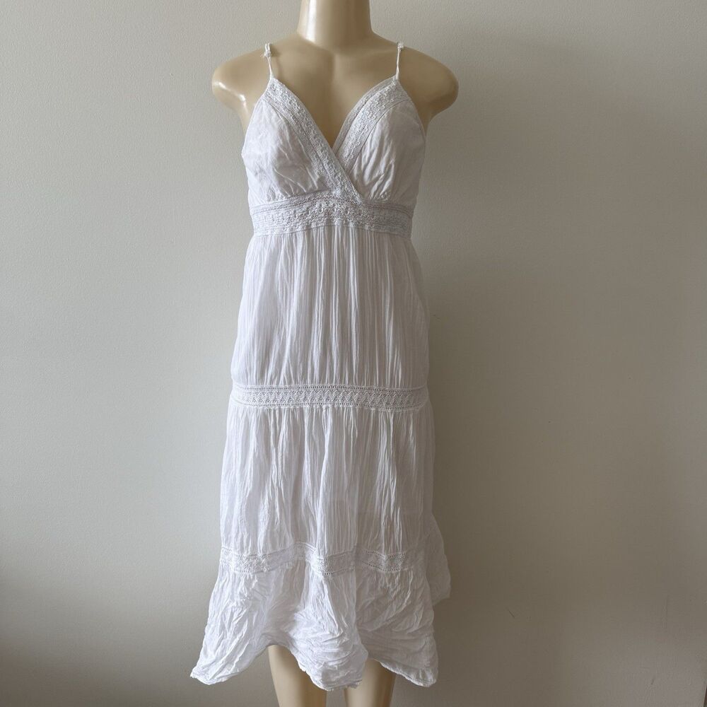Jackpot White Babydoll Cotton Crochet Lace Tiered Maxi Dress Boho Festival Y2K S